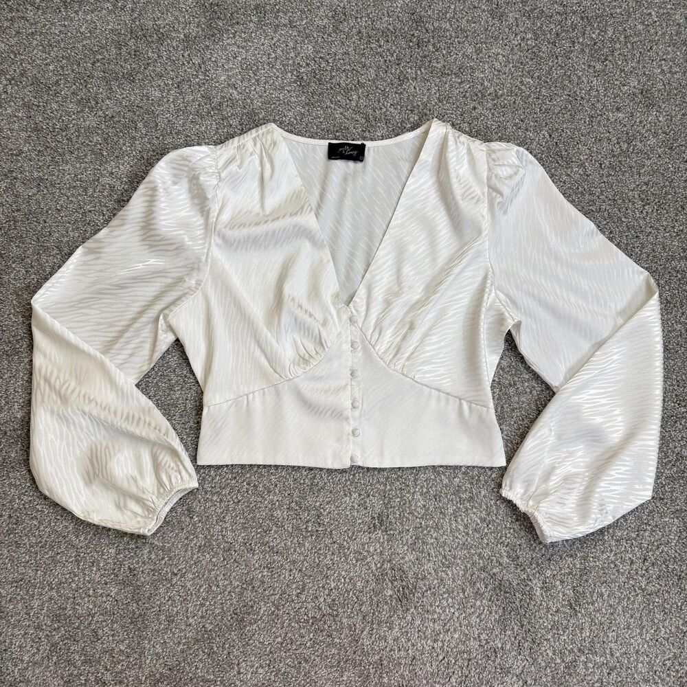 Milk & Honey Blouse Juniors Large White Satin Zebra Puff Sleeve Party Peasant